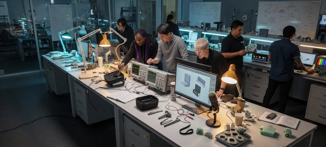 Engineers and designers collaborating in the Smartware R&D lab