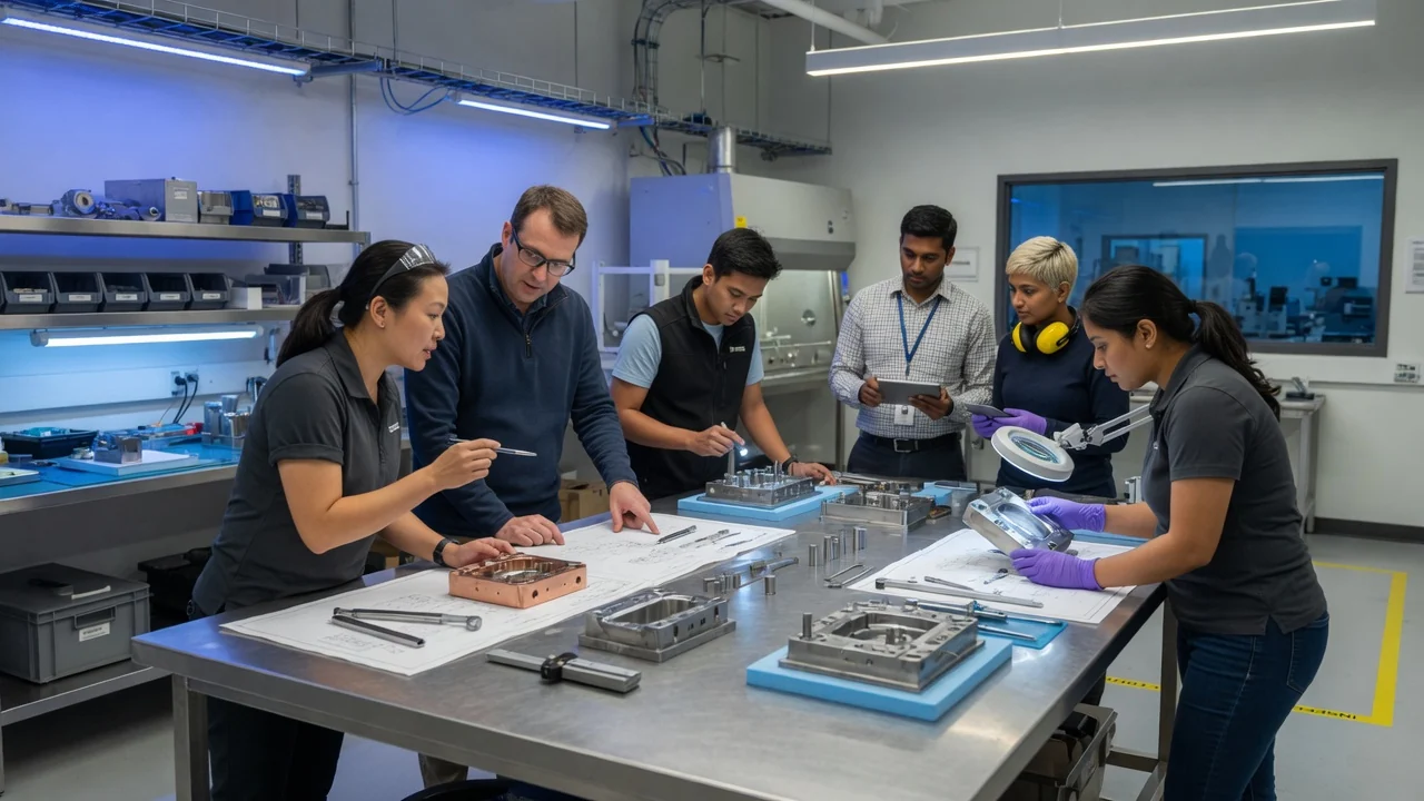 Team reviewing tooling samples and mold inserts